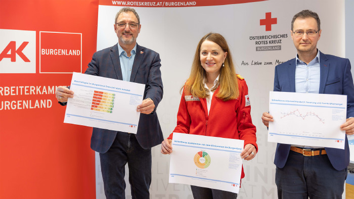 Arbeitsklima-Index 2022_Credit Felder, AK Arbeiterkammer-Burgenland-Präsident Gerhard Michalitsch, Rotes-Kreuz-Direktorin Tanja König und IFES-Geschäftsführer Reinhard Raml